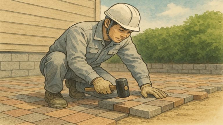 インターロッキングの耐久性を調べる職人