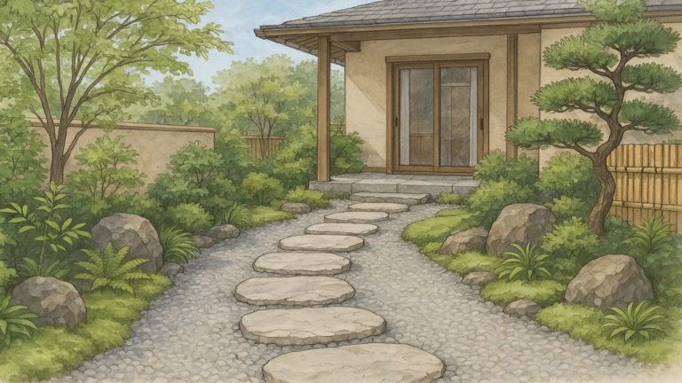 外構を和風アプローチ素材で仕上げた画像