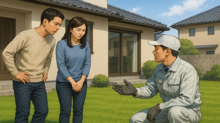 芝生の業者と打ち合わせする夫婦