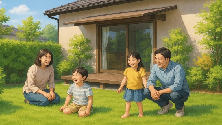 芝生の庭で楽しむ家族