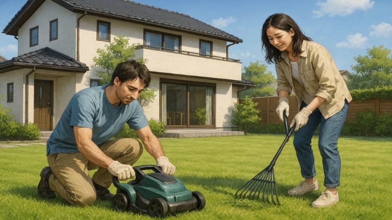 芝生の手入れをする夫婦