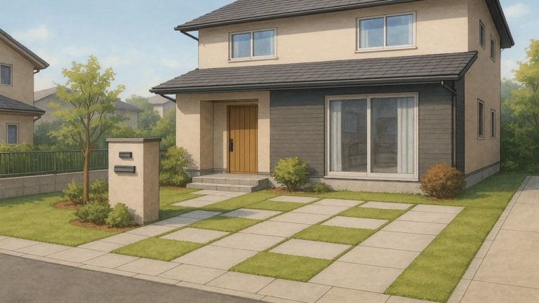 外構の芝生にタイルを併用した駐車場