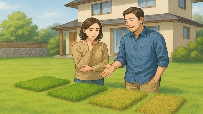 芝生の種類に悩む夫婦