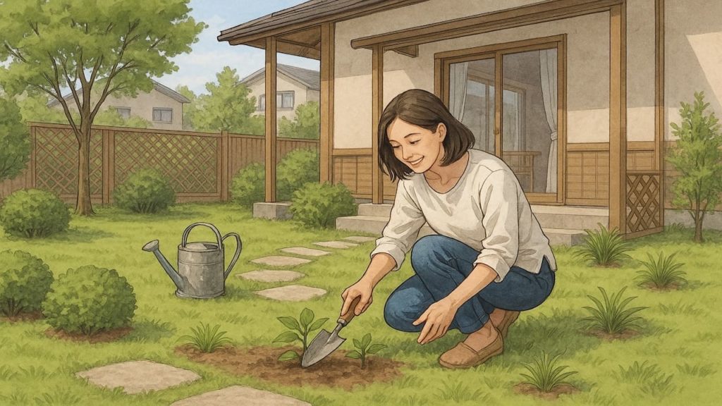 お金をかけない庭づくりを楽しむ女性