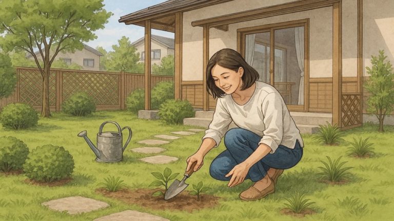 お金をかけない庭づくりを楽しむ女性