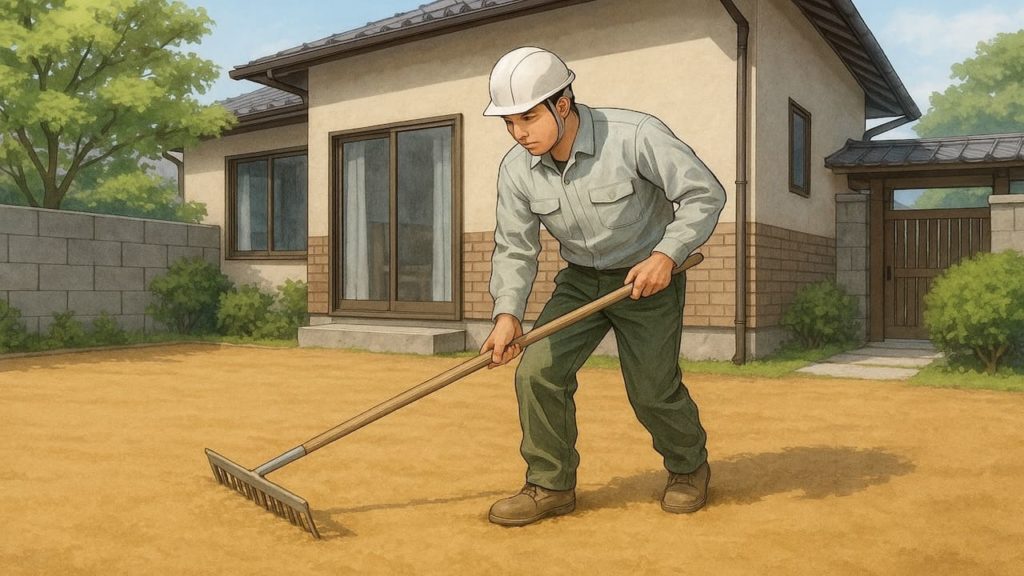 真砂土を庭に敷く職人