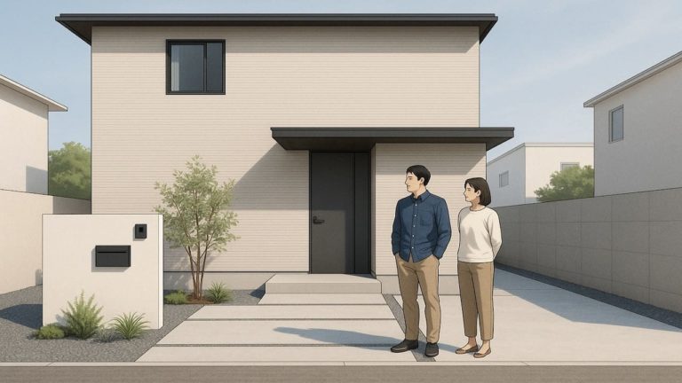 外構のミニマルデザインに満足する夫婦