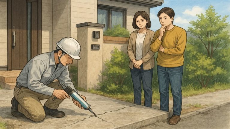 外構のモルタルひび割れ補修をする職人