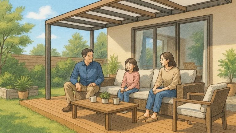 アウトドアリビングでくつろぐ家族