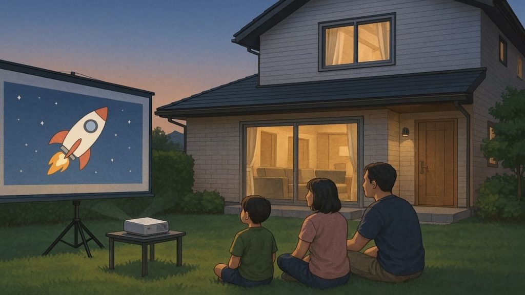 庭で屋外プロジェクターを楽しむ家族