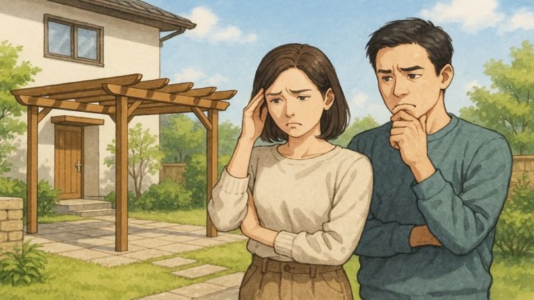 パーゴラに後悔してる夫婦