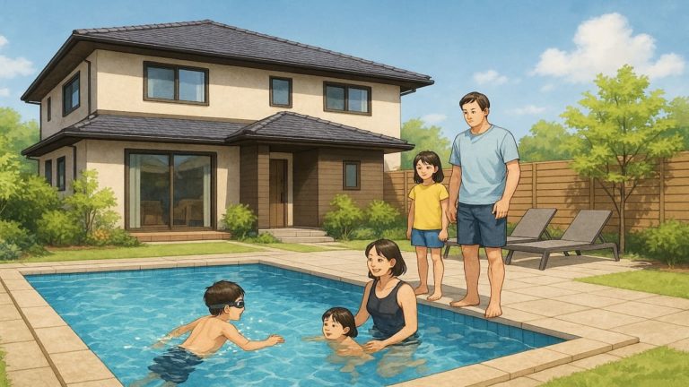 自宅にあるプールで楽しむ家族