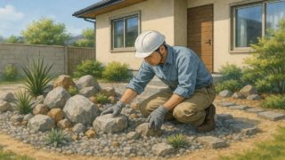 自宅にロックガーデンを作る方法とは?プロが教える配置とコツ ロックガーデンの作り方を考える男性