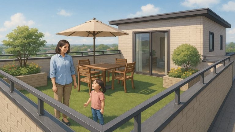 屋上庭園を楽しむ家族