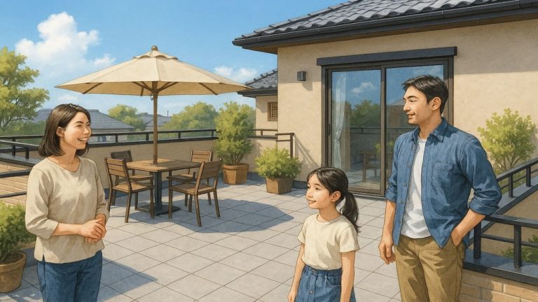 屋上テラスで楽しむ家族