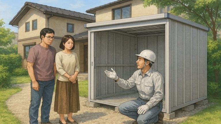 物置の業者と打ち合わせする夫婦