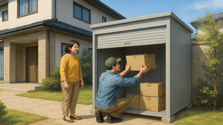 シャッター物置に荷物を収納する男性