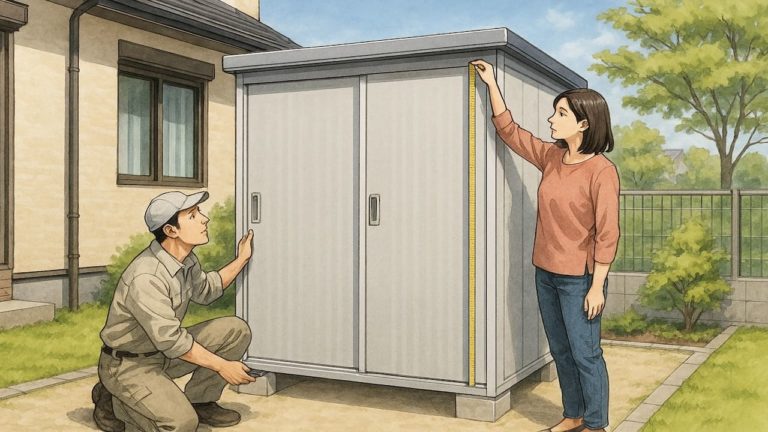 物置のサイズをチェックする女性