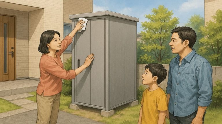 スリムな物置を掃除する女性