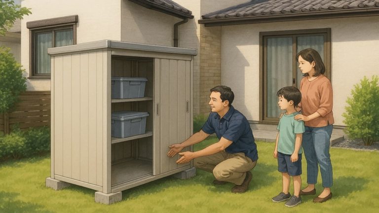 小型物置に満足する家族