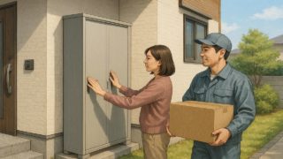 薄型物置を開閉する女性