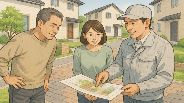 分譲地の外構ルールを確認する夫婦