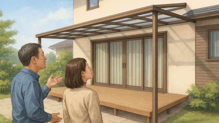 テラス屋根をウッドデッキに設置した画像