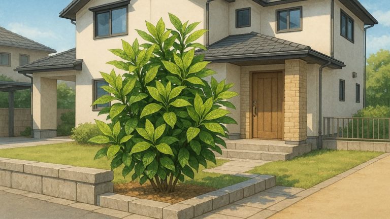 アオキを外構や庭に植えた画像