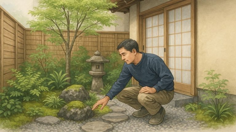 坪庭の作り方を考える男性