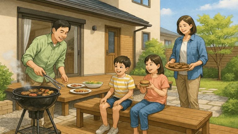 ウッドデッキでBBQを楽しむ家族