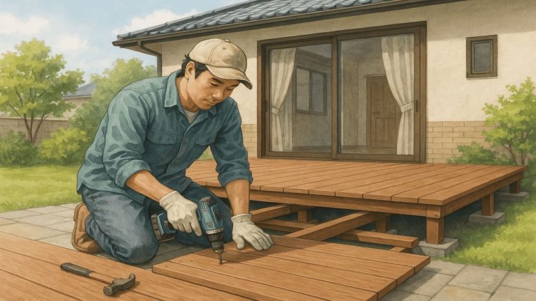 ウッドデッキのDIYでの作り方を実践する男性