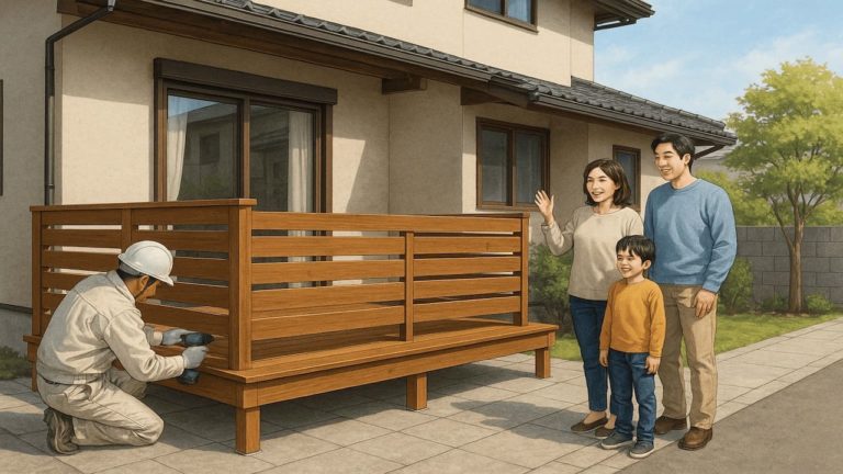 ウッドデッキのフェンスを取り付ける職人