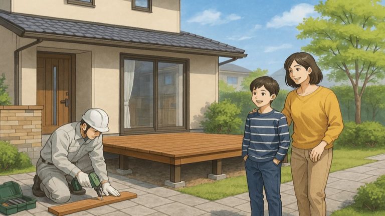 ホームセンターのウッドデッキを設置する職人