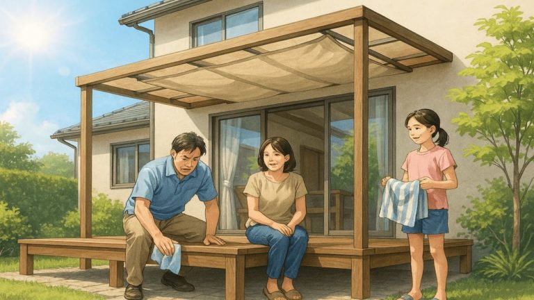 ウッドデッキに暑さ対策をした画像