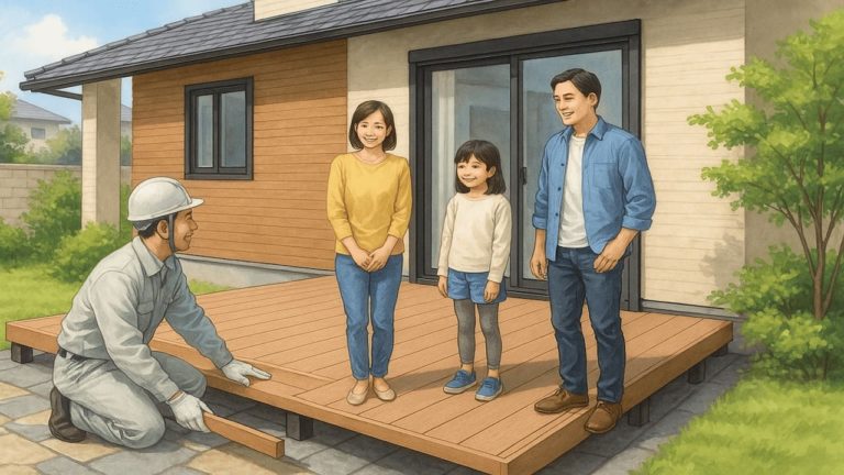 人工木のウッドデッキを施工する職人