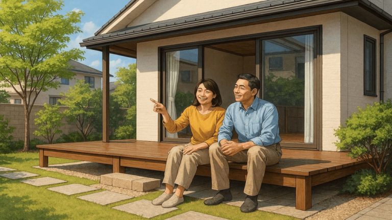 ウッドデッキのメリットを話し合う夫婦