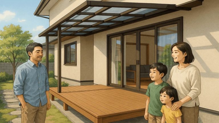 ウッドデッキに屋根をつけた画像