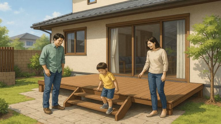 ウッドデッキの階段を使う家族