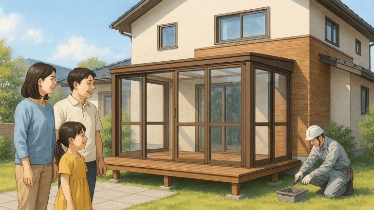 ウッドデッキにサンルームを設置した画像