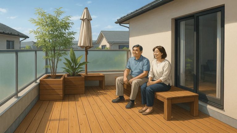 ベランダに設置したウッドデッキの画像