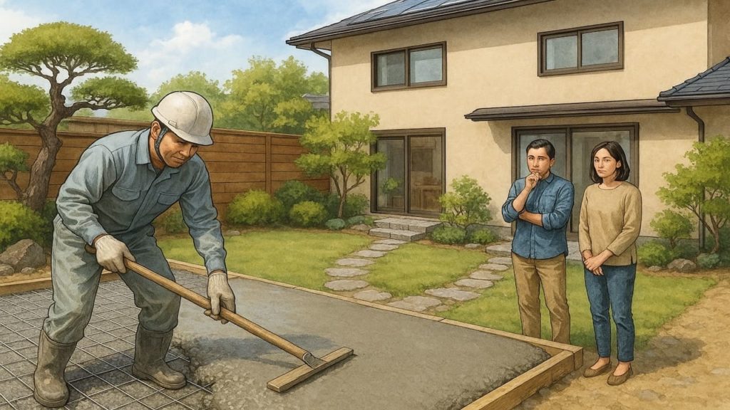 庭をリフォームしてコンクリート舗装する職人