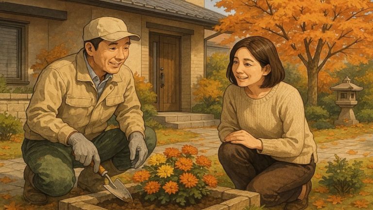 秋の庭づくりをしている職人