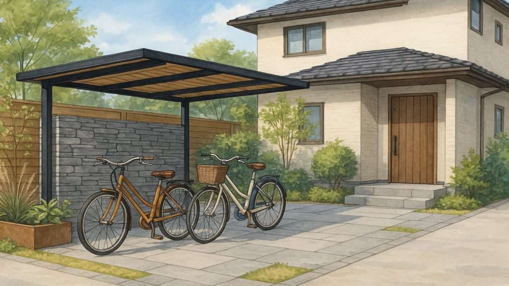 自転車置き場のあるおしゃれな外構の画像