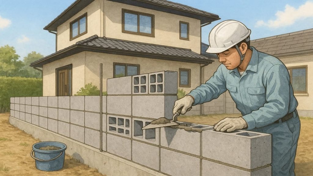 ブロック塀の工事をしている職人