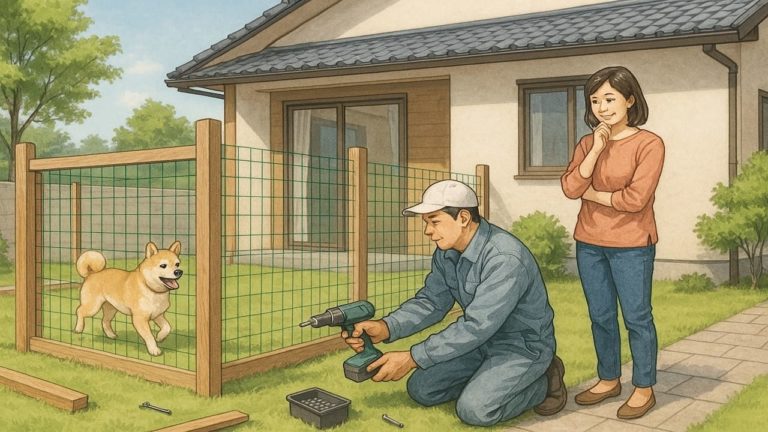 ドッグランをdiyする男性