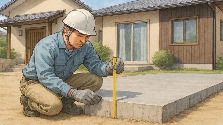 外構コンクリートのベストな厚さを測る職人