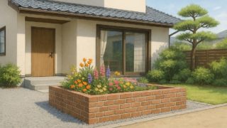 外構花壇をレンガ囲いで仕上げた画像