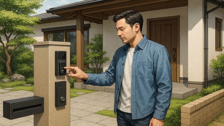 外構門柱のスマートロックを確認する男性
