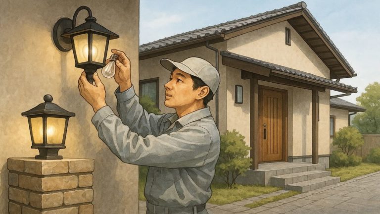 外構照明の電球交換をする職人