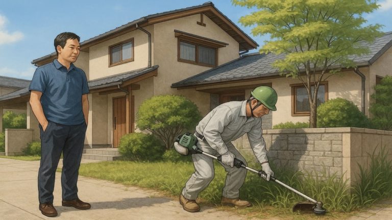 外構 草刈りを業者と自分で比較する男性